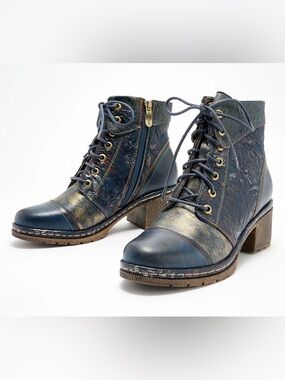 L'Artiste by Spring Step Fallinluv Tooled Leather Navy Blue Ankle Boots Size 36